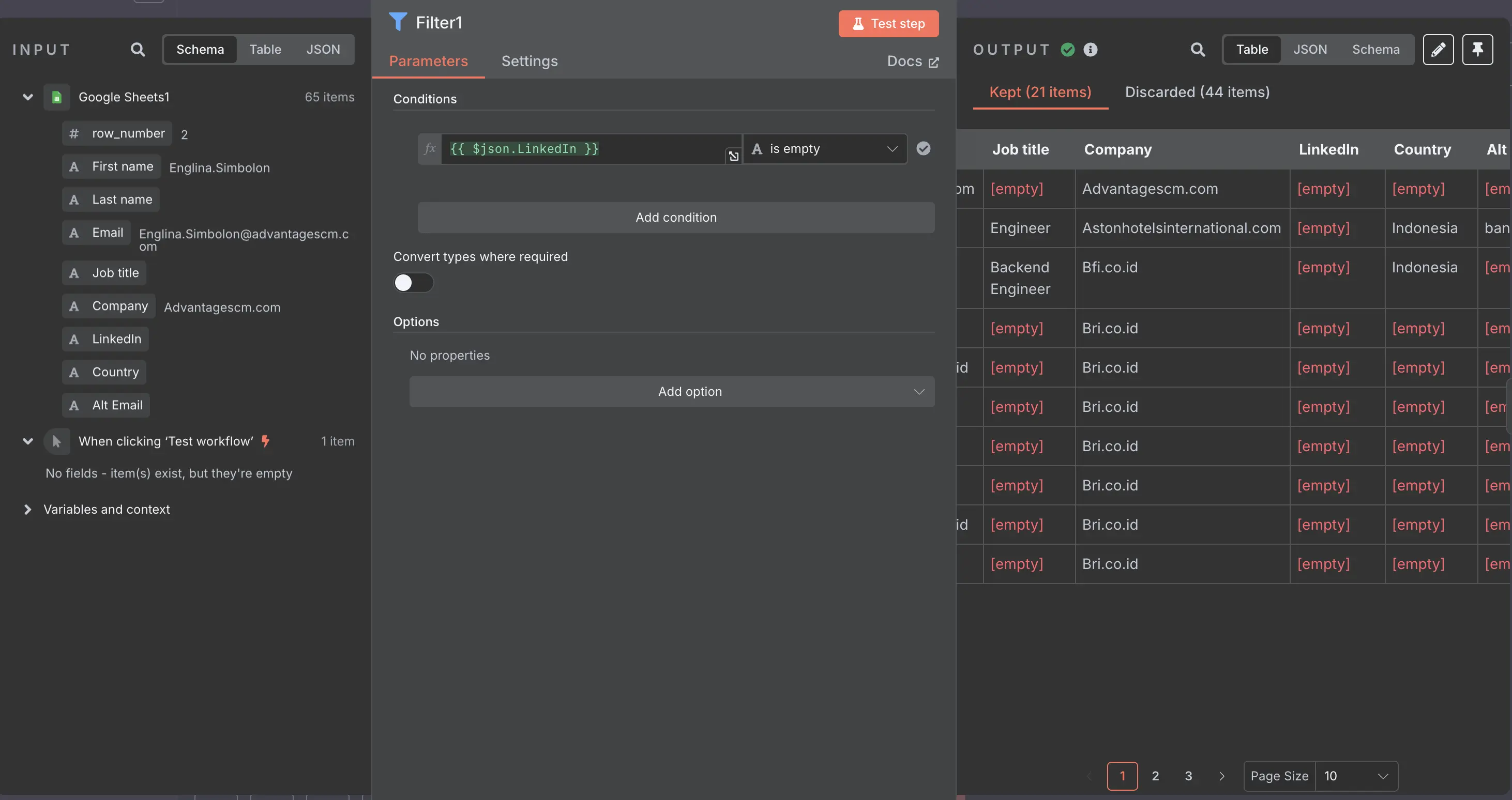 Inside of n8n node for lead generation
